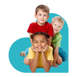three preschool children smiling and stacked in pyramid pose