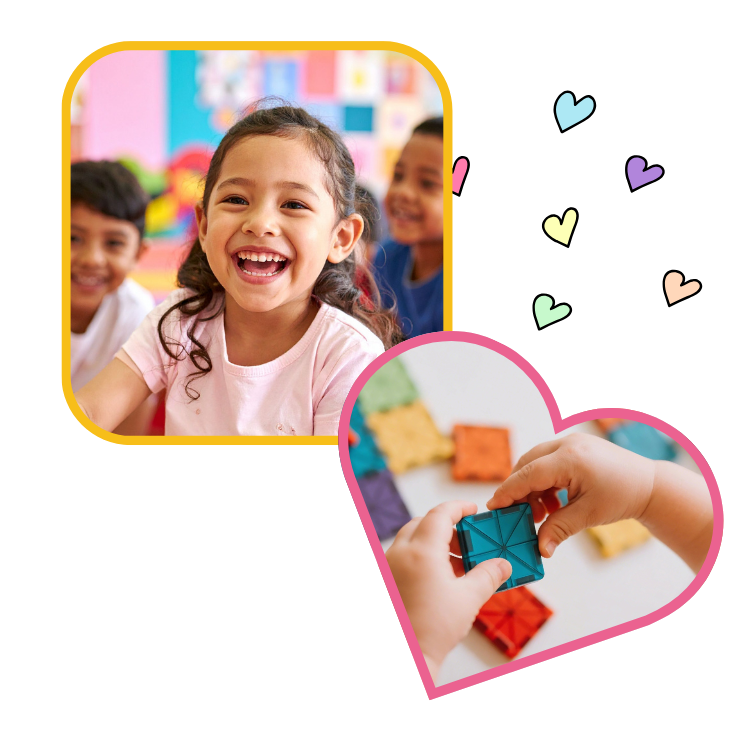 smiling preschool girl with classmates and heart graphic of crafts